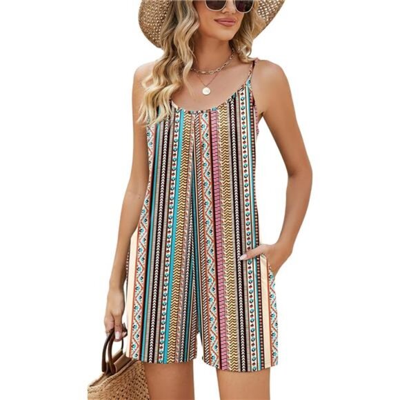 Womens Casual Summer Sleeveless Shorts Jumpsuits Color Triple Stripe - Picture 1 of 1